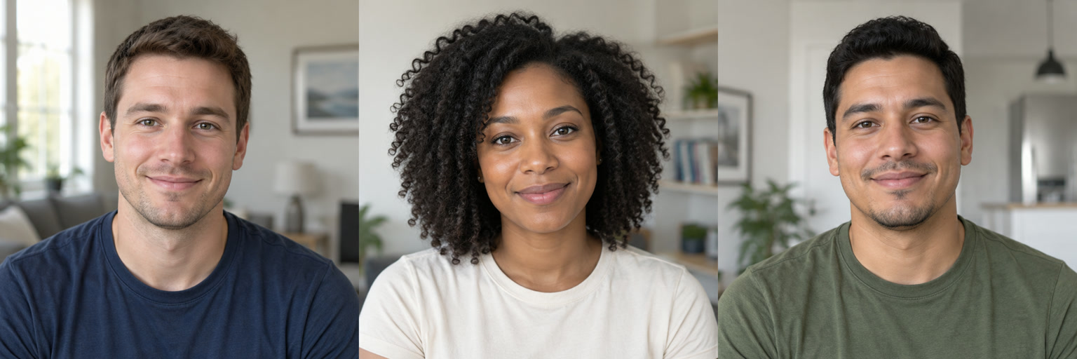 Three AI-generated adult portraits showing clear, front-facing photos with even lighting